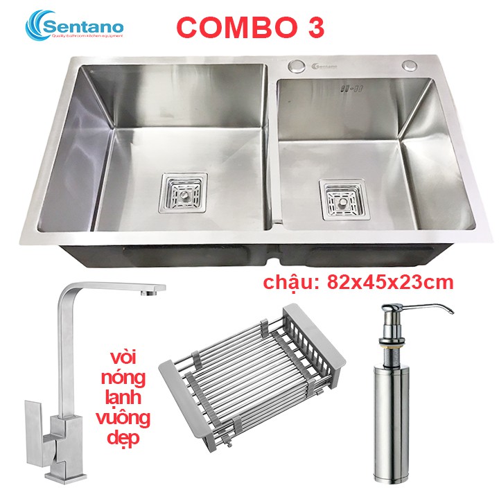 Chậu rửa chén SENTANO 2 hộc lệch 82x45 xả lọc rác kiểu vuông sang trọng