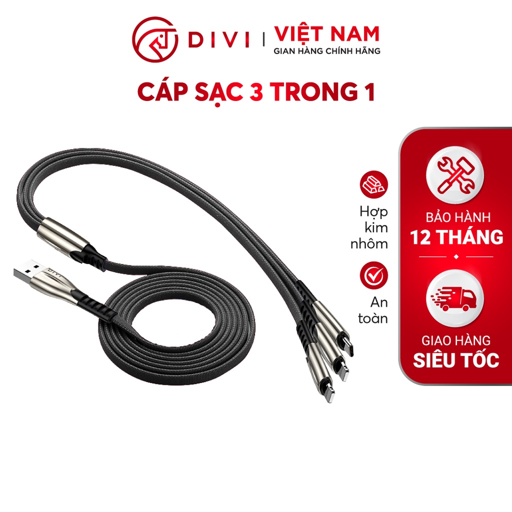 Dây cáp sạc 3 trong 1 - DIVI P479 - Vỏ bện nylon - Hàng Chính Hãng - Bảo Hành 12 Tháng