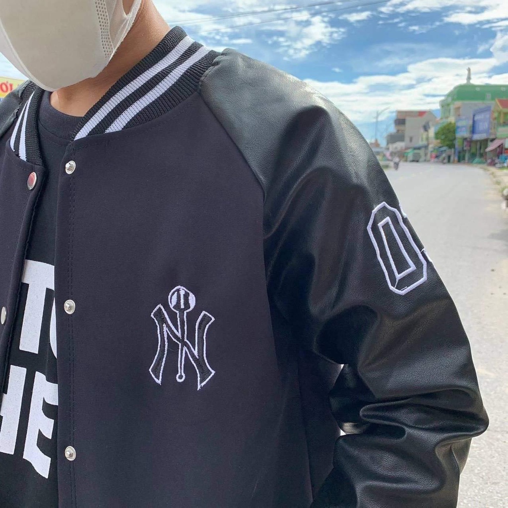 Áo khoác BomBer ,  Tay da ,03 New York Nam Nữ Ni Phối Tay Da Zadola Fashion