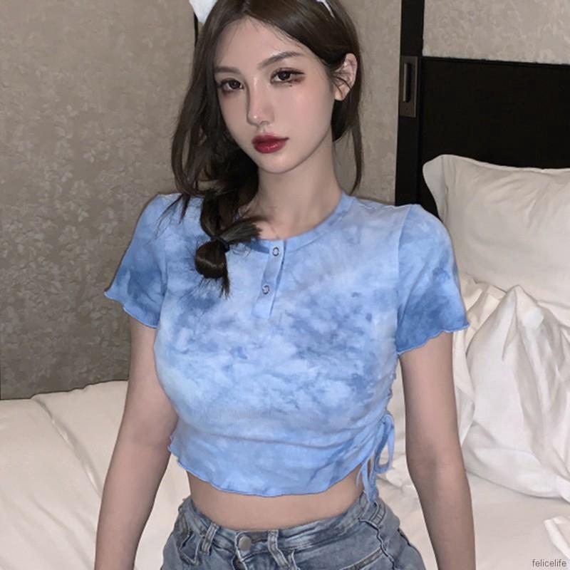 Áo Lửng Tay Ngắn Phối Màu Nhuộm Độc Đáo Trang Trí Dây Rút Bên Hông Cho Nữ