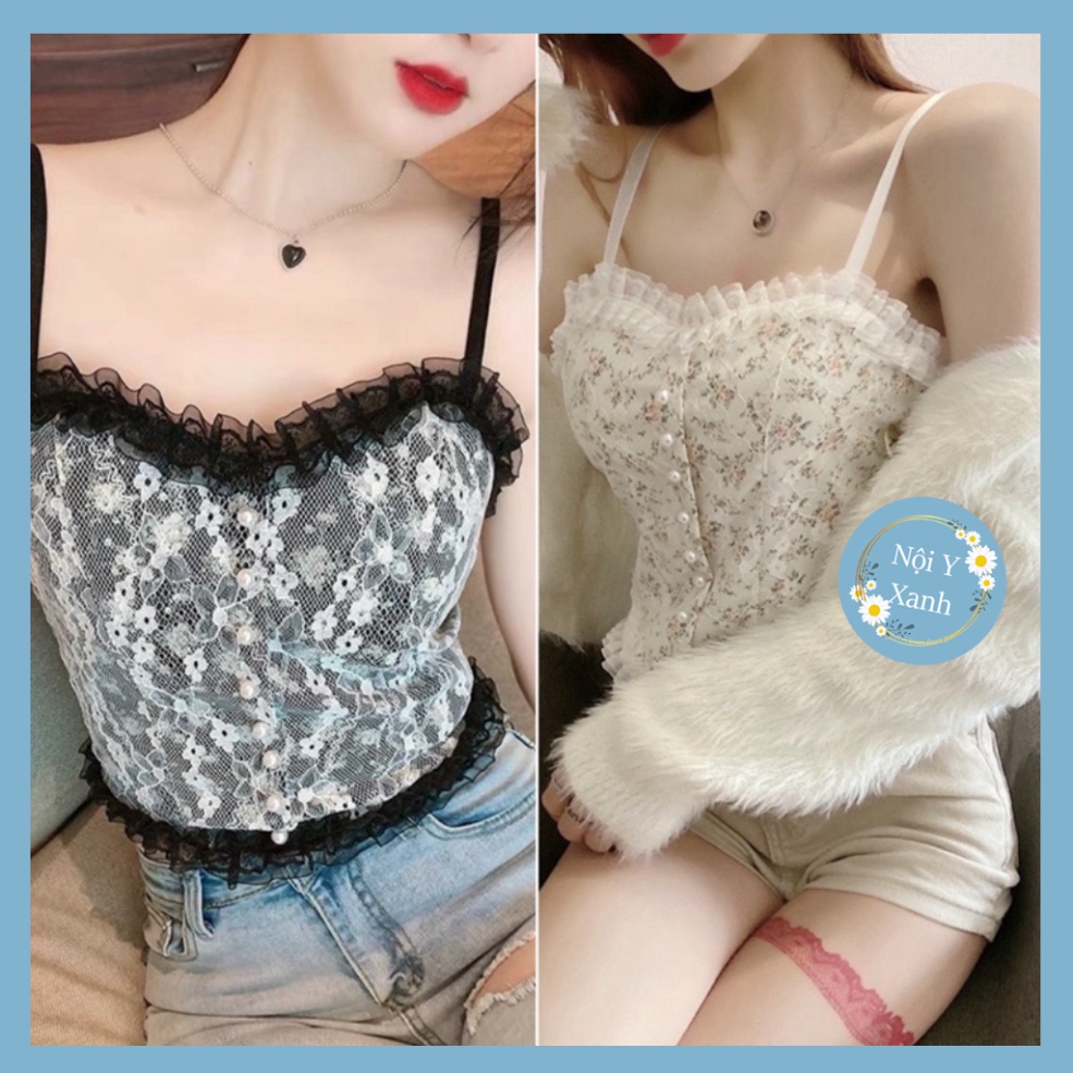 Áo 2 Dây Nữ Ren Hoa Tiểu Thư Đính Hạt Viền Bèo, Chun Sau Dáng Croptop Siêu Sang Chảnh Có Mút Ngực 1202 chất đẹp, thoáng