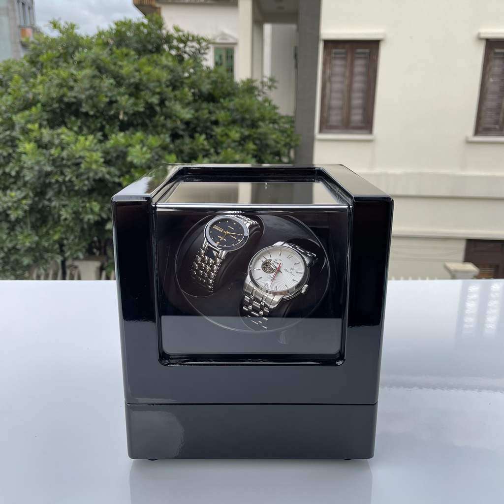 Hộp xoay đồng hồ cơ - Vỏ Gỗ Sơn Mài Đen Bóng - 4 chế độ xoay có đèn led - Mở lắp tự dừng