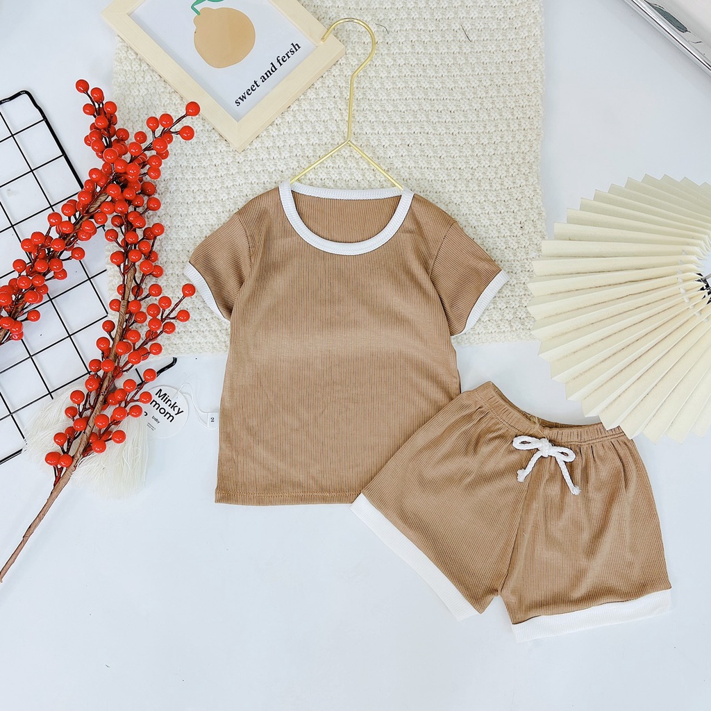 Đồ Bộ Cộc Tay Minky Tăm Lạnh phối Cổ Màu Trắng Túi Zip Cho Bé Trai/ Bé Gái 6-16kg