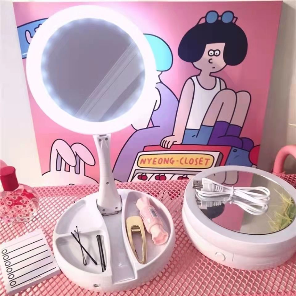 Gương Trang Điểm Để Bàn Phấn Có Đèn Led Cao Cấp Hình Tròn, Kèm Dây Sạc 2 Mặt Xoay 360 Độ Gấp Gọn Có Ngăn Đựng Đồ Tiện