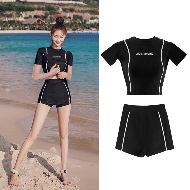 ஐBộ đồ hai mảnh xẻ tà kiểu mới của Hàn Quốc áo tắm nữ thể thao đen trắng sexy bikini mỏng chống nắng