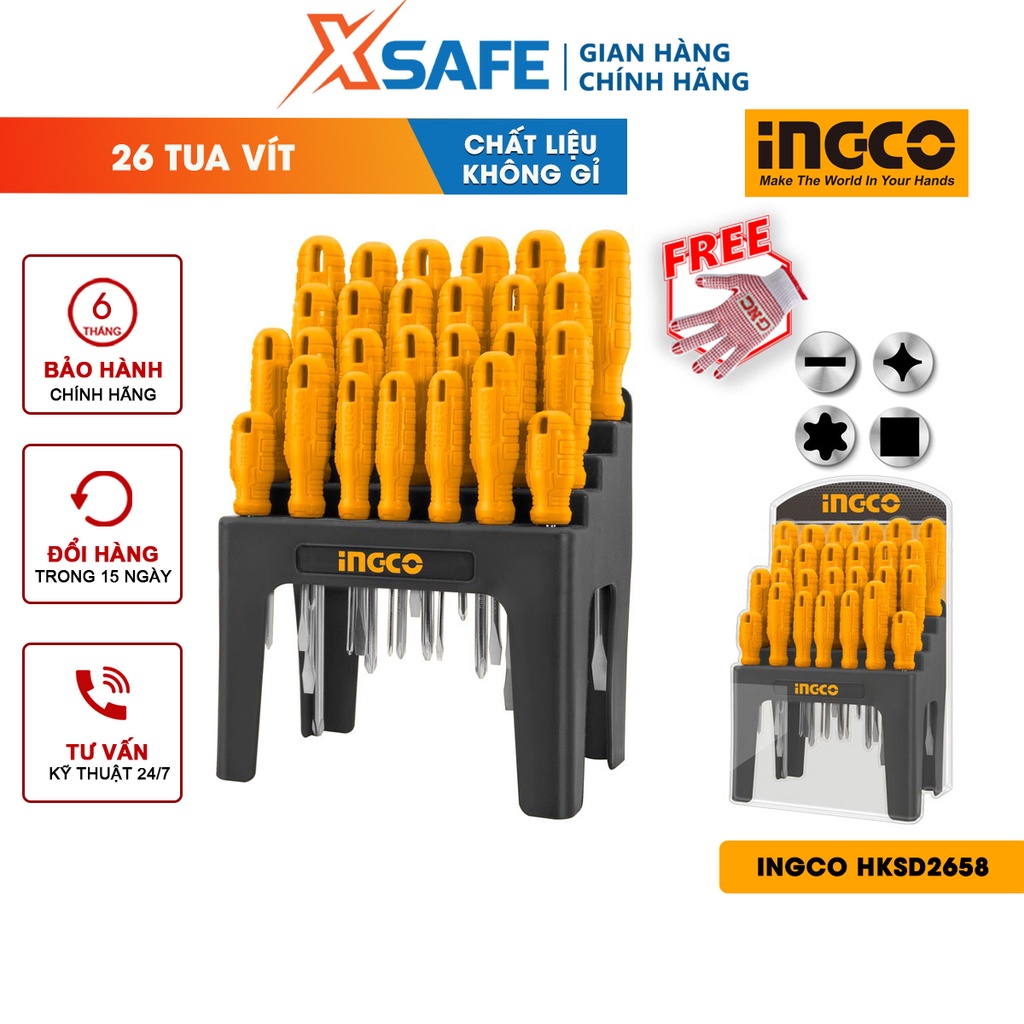 Bộ tuốc nơ vít đa năng INGCO HKSD2658 26 chi tiết Bộ 26 tua vít kiểu dáng tay cầm mới, thoải mái sử dụng