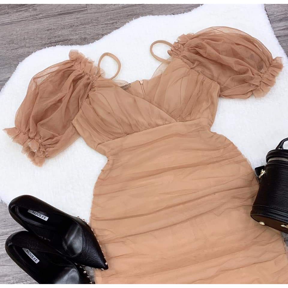 Đầm body nâu lưới nhún 2 dây tay phồng cúp ngực đắp lên form bao sang -MM.D911