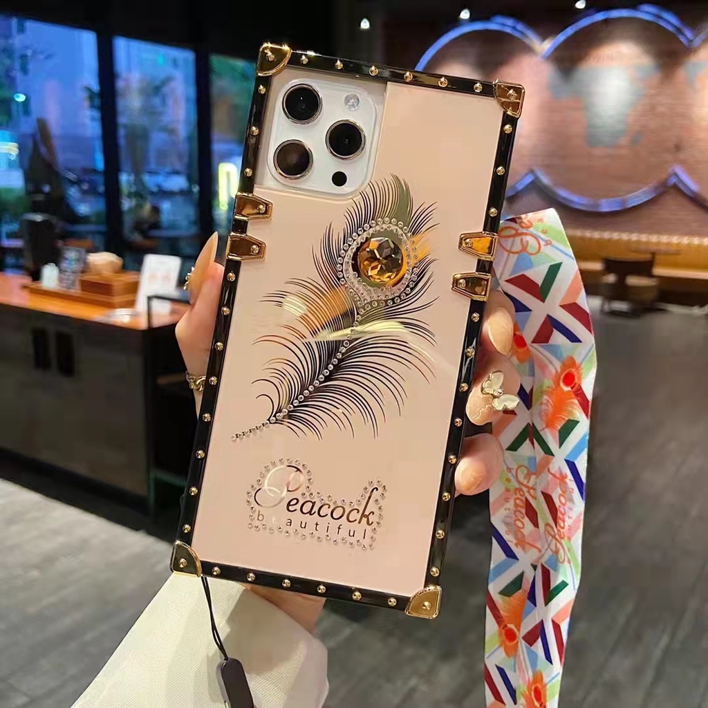 Ốp Điện Thoại Hình Vuông Họa Tiết Lông Vũ + Dây Đeo Sang Trọng Cho IPhone 13 12 11 Pro Max Xs XR 6 6s 8 7Plus