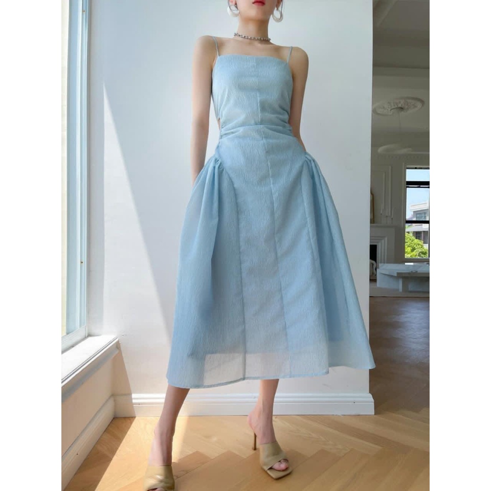 ĐẦM MIDI 2 DÂY XANH KHOÉT EO