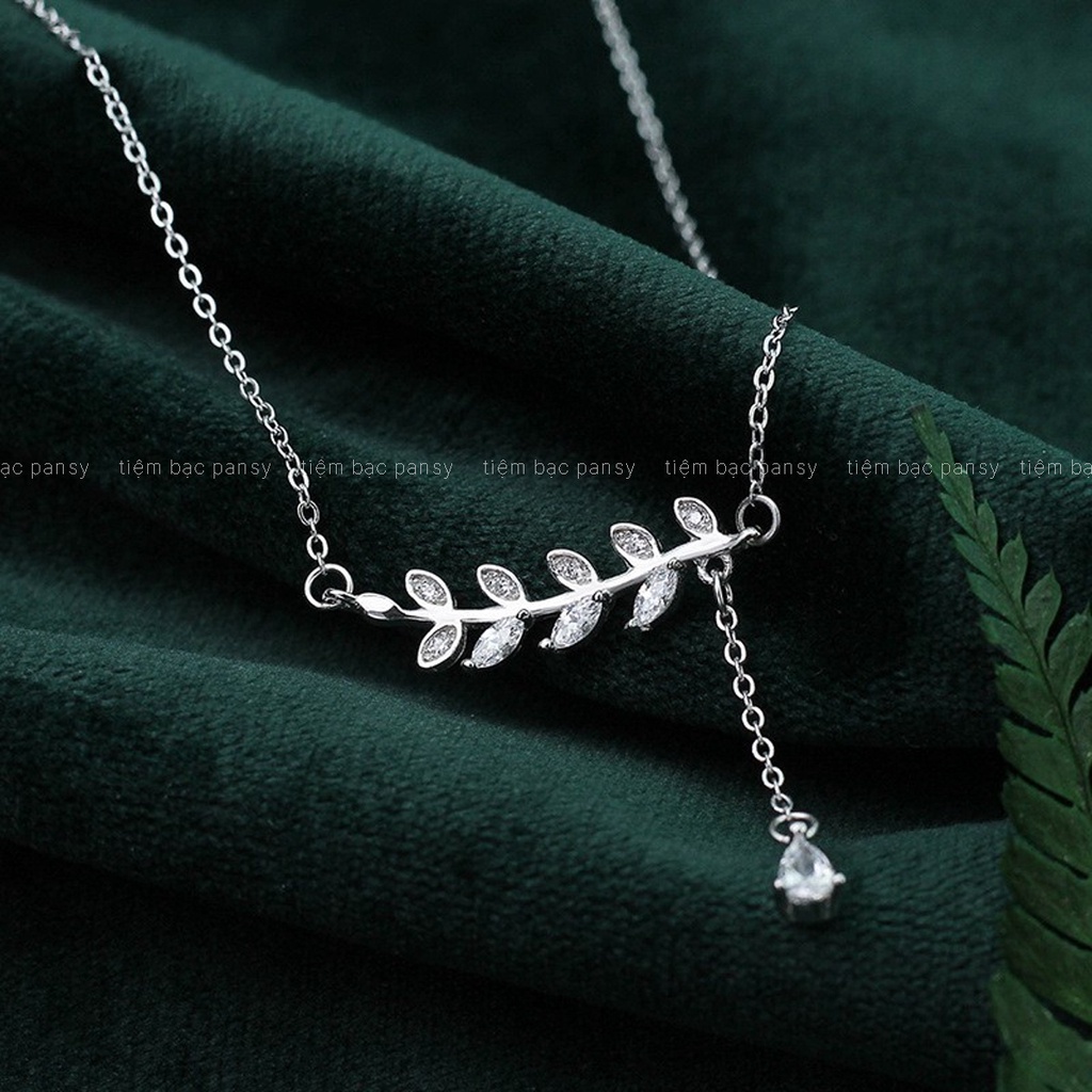 Dây chuyền bạc PANSY mặt lá liễu thả hạt, vòng cổ nữ hình lá đính đá phong cách Hàn Quốc