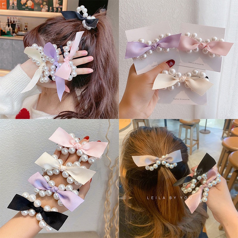 Dây buộc tóc đuôi ngựa thắt nơ đính ngọc trai phong cách Hàn Quốc đơn giản thời trang cho nữ