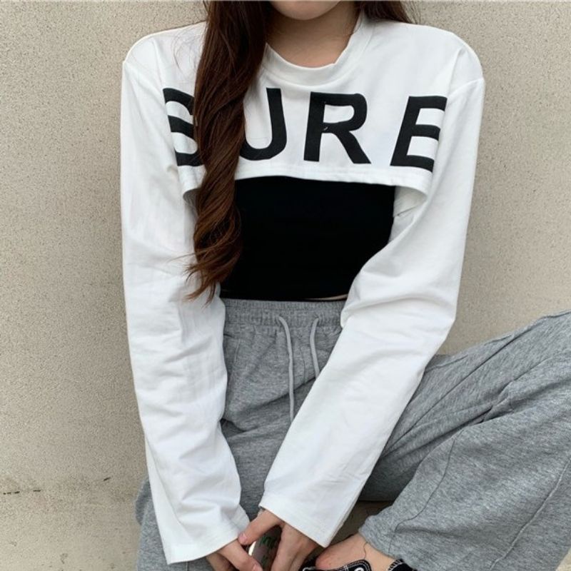 Sét 2 món Gồm áo 2 dây quấn bụng &amp; áo thun tay dài phối ngoài