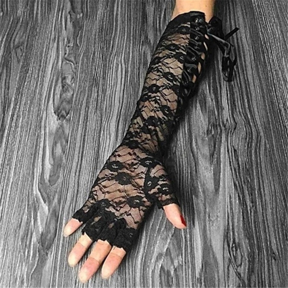 MIHAN1 1 Pair Women Halloween Gloves Night Club Lace Gloves Punk Gothic Mittens Party Cosplay New Fashion Long Ritual Dance Fingerless Silk Ribbon