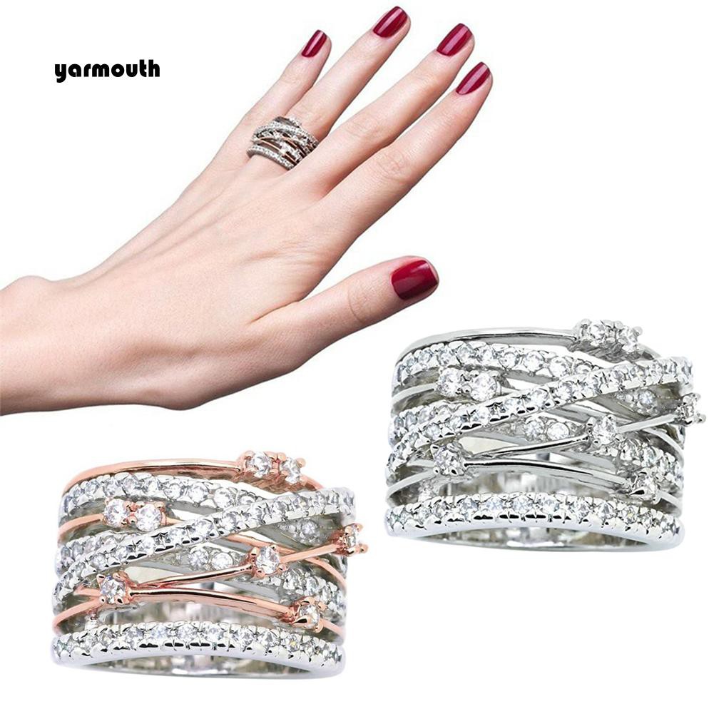 Nhẫn đeo tay bản to nhiều lớp đan chéo đính đá Cubic Zirconia thời trang dành cho nữ