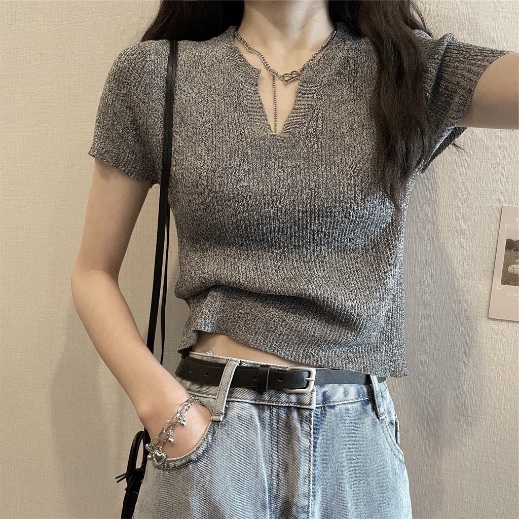 Áo dệt kim ZHELIHANGFEI ngắn tay cổ chữ V ôm dáng xinh xắn thời trang