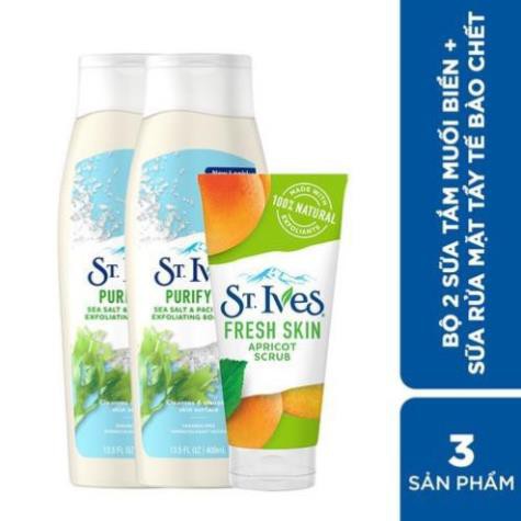 Bộ 2 sữa tắm St.Ives Muối biển (400ml x 2) + Sữa rửa mặt tẩy tế bào chết St.Ives chiết xuất trái mơ tươi mát 170g