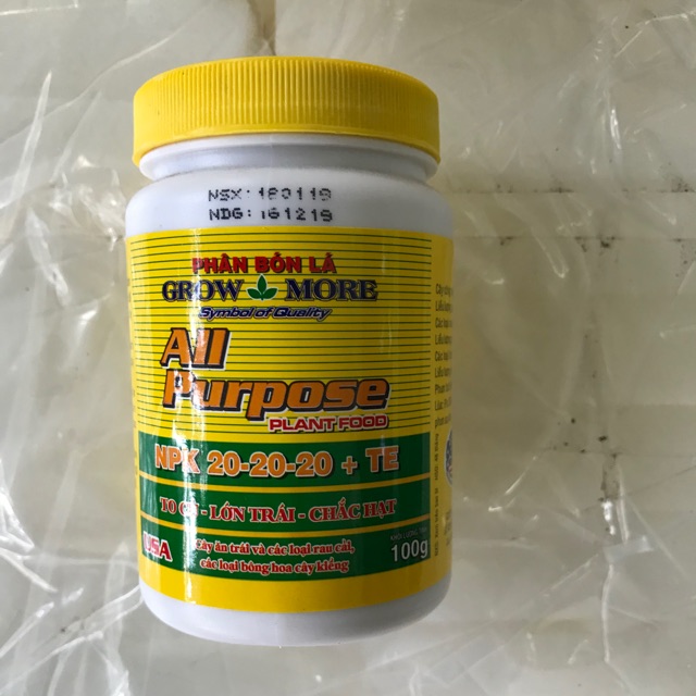 Phân bón lá NPK 20-20-20+ TE. Lọ 100 gam