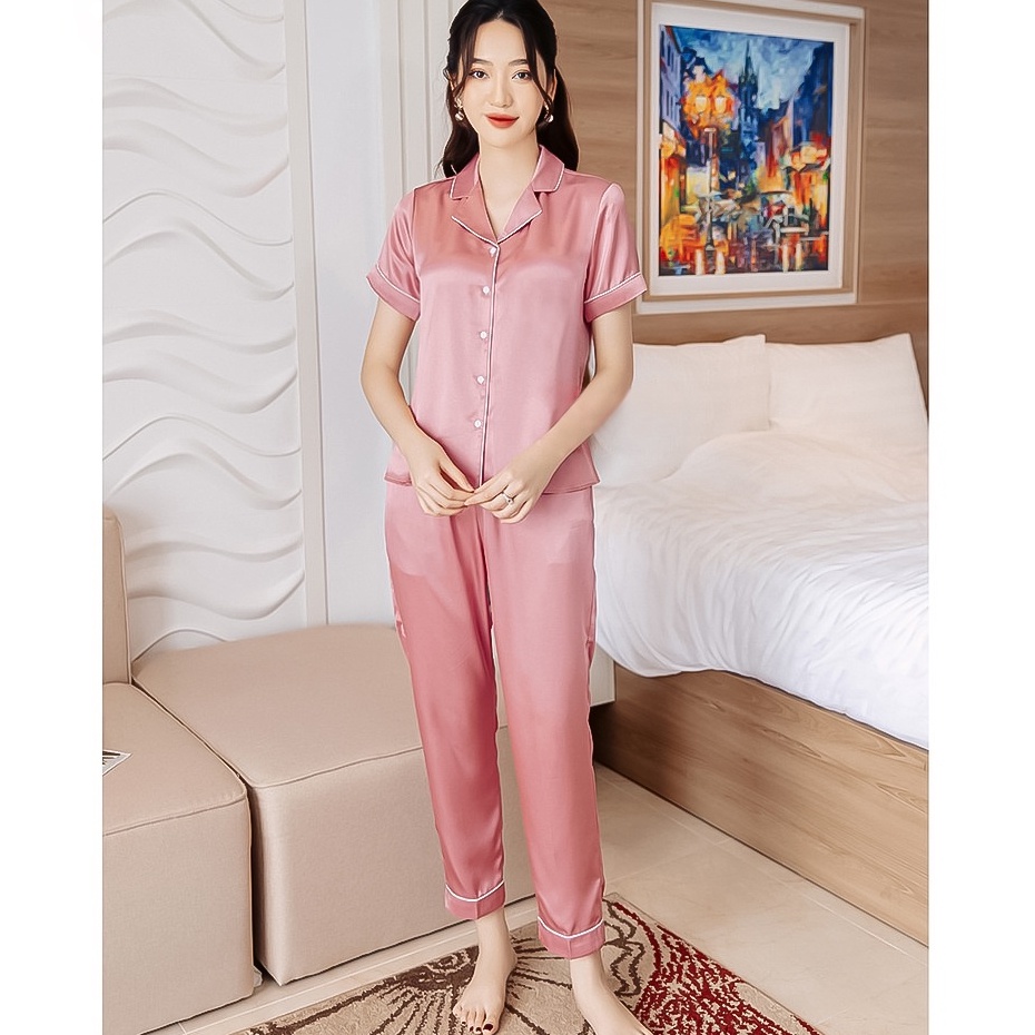 Bộ Lụa Pyjama Tay Ngắn Quần Dài Chất Liệu Lụa Pháp Mềm Mịn Cao Cấp Không Nhăn Không Xù