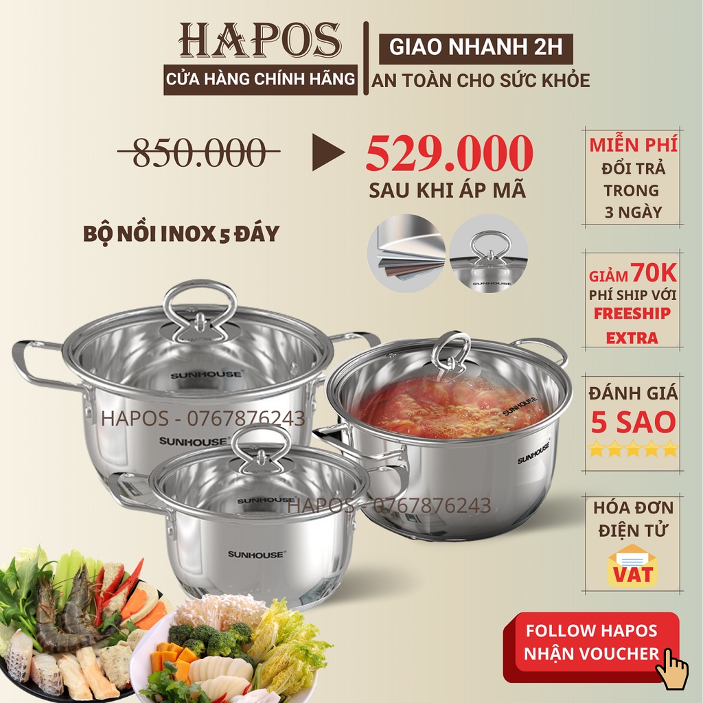 Bộ 3 nồi Inox 5 đáy Sunhouse SHG788 (16-20-24cm) dùng được mọi loại bếp - HAPOS