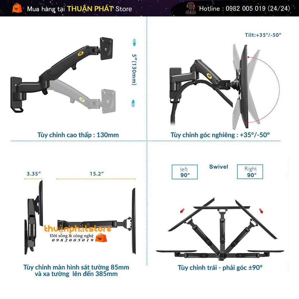 Giá Đỡ Màn Hình NB-F150 Gắn Tường 17-27inch -Tải trọng 2-7Kg - Xoay màn 360độ
