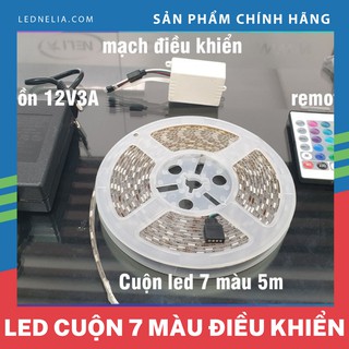 Bộ led dây 7 màu cuộn 5m kèm nguồn,điều khiển loại có silicon chống nước điện 12V trang trí phòng chuẩn studio.