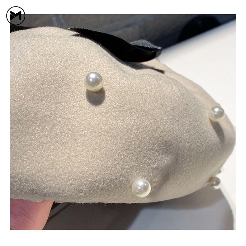 Mũ Beret Len Đính Nơ Ngọc Trai Dễ Thương Phong Cách Lolita Nhật Bản