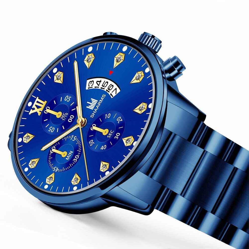 Đồng Hồ Đeo Tay Ba Mắt Bằng Thép Không Gỉ Đính Kim Cương Giả Màu Xanh Dương Độc Đáo Thời Trang Cho Nam C