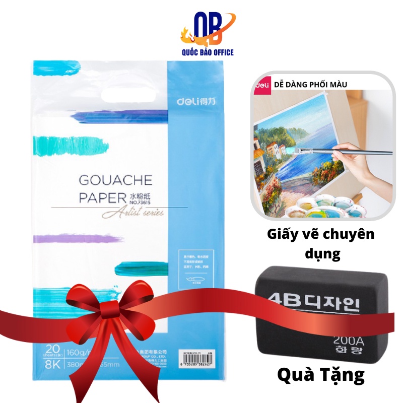 Giấy vẽ chuyên dụng Deli - Gouache - Định lượng 8k 160gsm/180gsm 1 tệp/ 20 tờ- 73615 / 73617