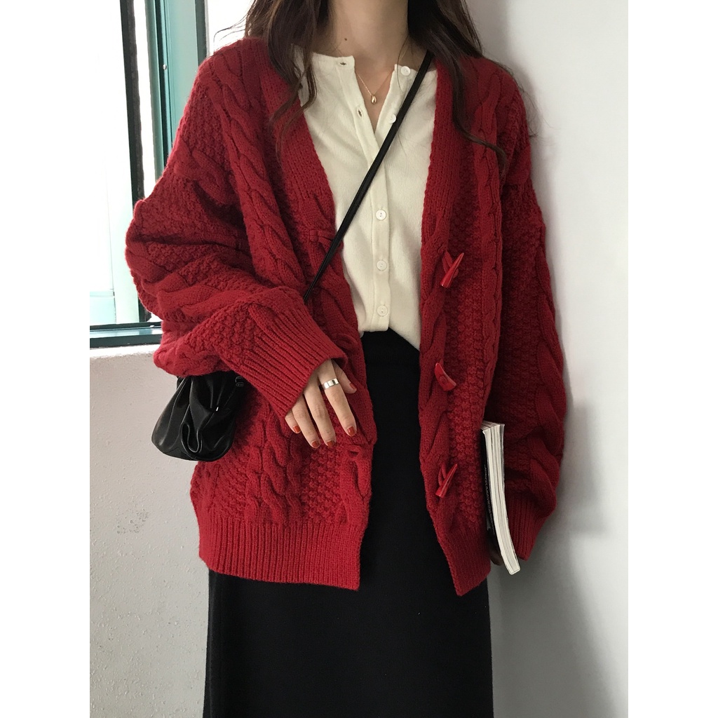 Áo khoác len cardigan giáng sinh năm mới có nút xoắn sừng phong cách hàn quốc