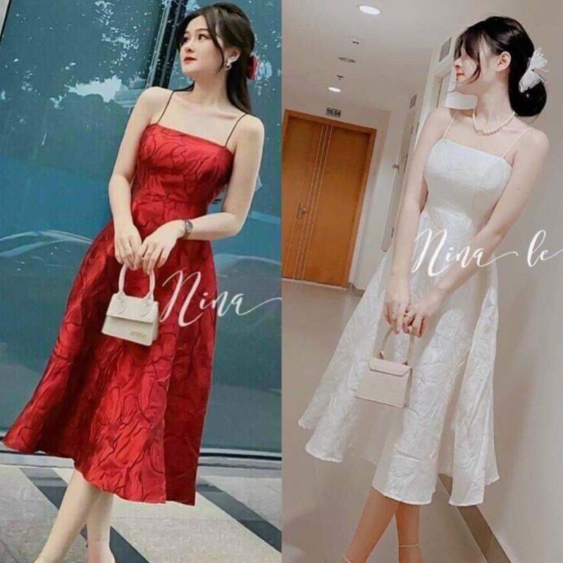 T105 Đầm xòe 2 dây có mút ngực dự tiệc cách điệu gấm hoa tapta đỏ trắng tinh khôi váy cưới tết du xuân