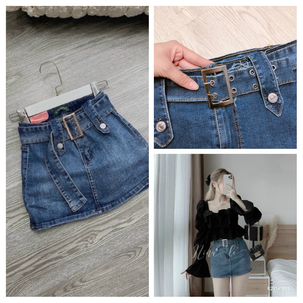 Chân váy quần kèm nịt lưng cao chất vải Jeans Cotton 2 da cao cấp dày dặn co giãn Hàng Y Hình Chính Chủ