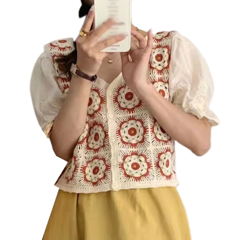 Áo Croptop Ngắn Tay Cổ Chữ V Thêu Họa Tiết Hoa Nhiều Màu Sắc Phong Cách Pháp Cổ Điển Cho Nữ