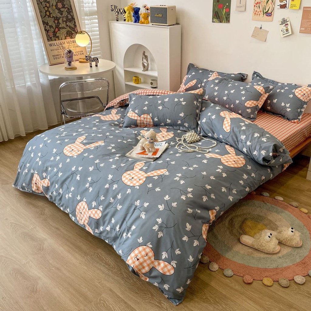 Bộ chăn ga gối cotton poly Lidaco decor phòng ngủ vintage - Thỏ Caro Hồng (SP001411)