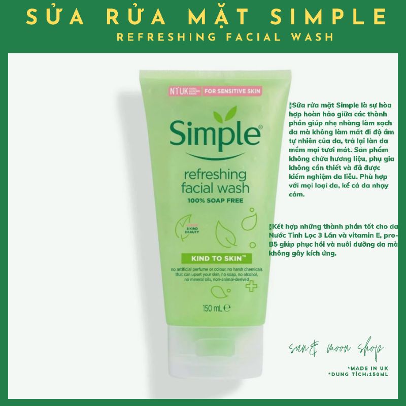 Sữa rửa mặt Simple refreshing facial wash👍dịu nhẹ lành tính👍dành cho mọi loại da da nhạy cảm
