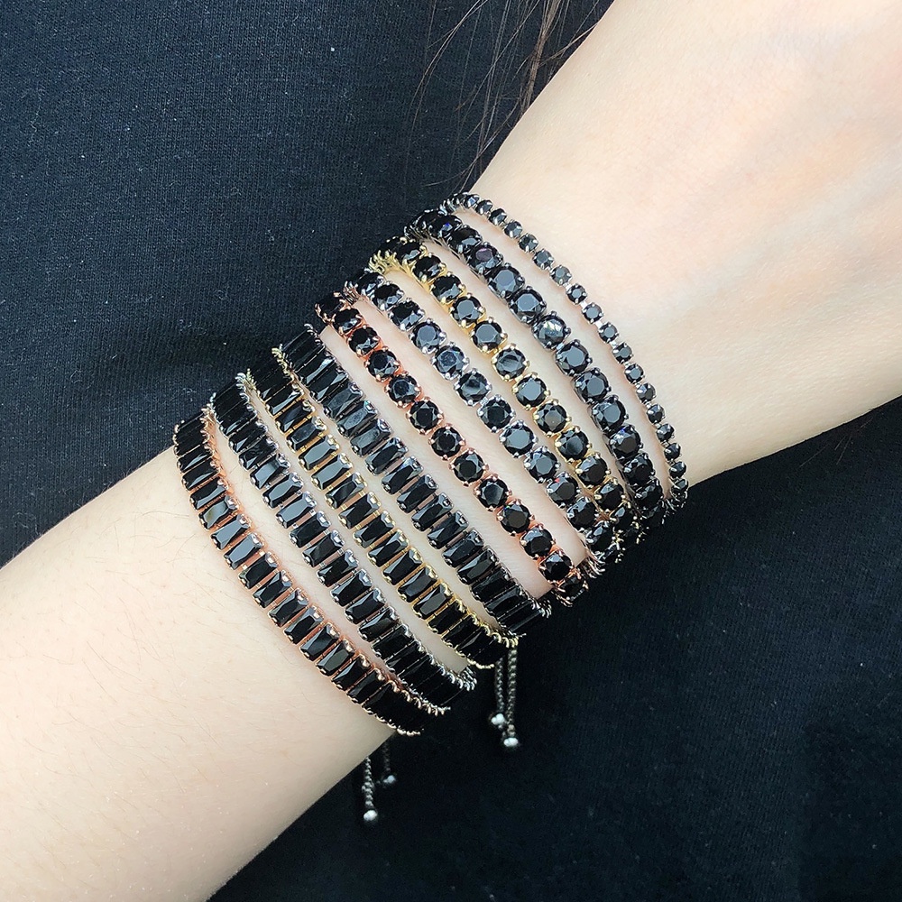 Vòng Tay Đính Đá Zircon Đen Hình Chữ Nhật Phong Cách Hiphop Âu Mỹ Cho Nam Nữ