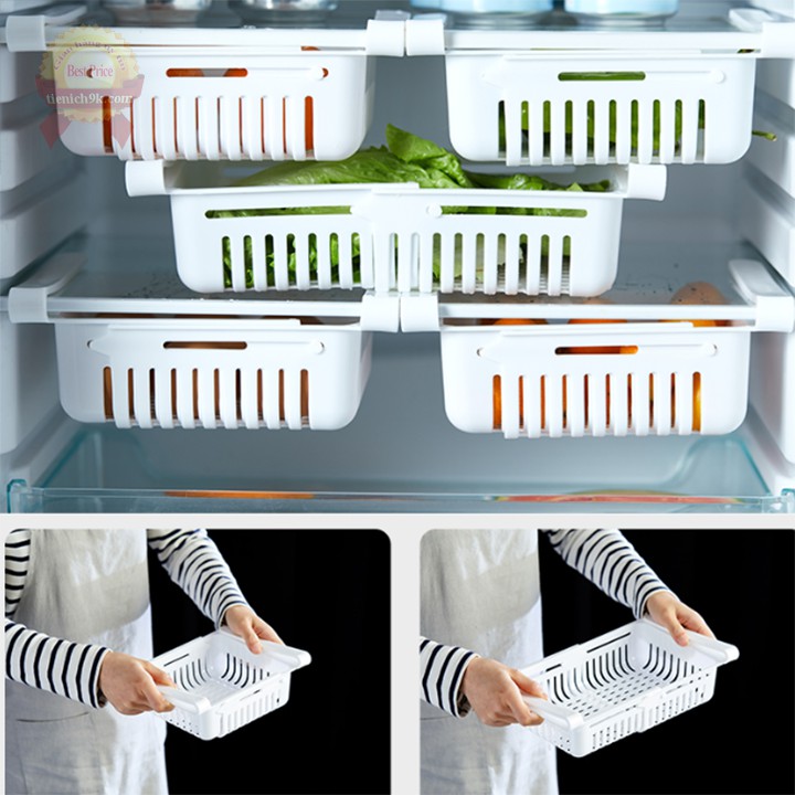 Khay đựng thức ăn cài gắn tủ lạnh kéo dài thu gọn tiết kiệm không gian
