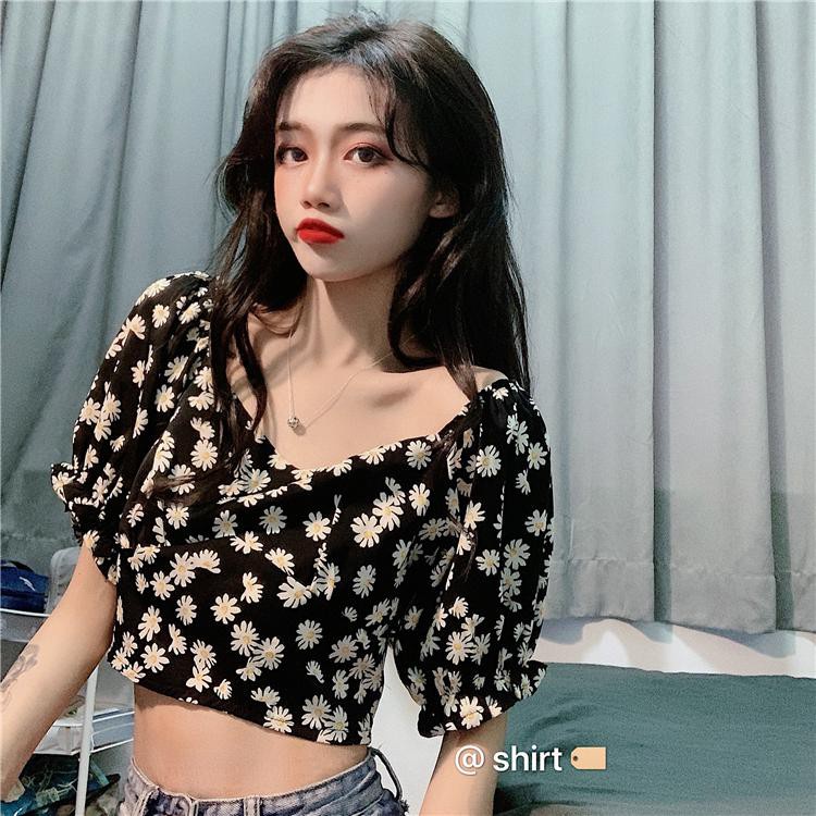 Áo Chiffon Cổ Vuông Dáng Rộng In Họa Tiết Hoa Cúc Phong Cách Hàn Quốc Thời Trang Mùa Hè Xinh Xắn Cho Nữ