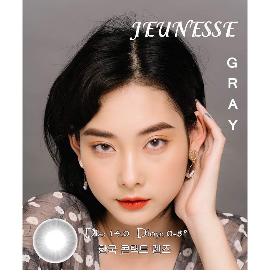 Lens Hàn Quốc Xám trong veo JEUNESSE GRAY, độ cận 0-8, hsd 6 tháng, giãn tròng 14.0.