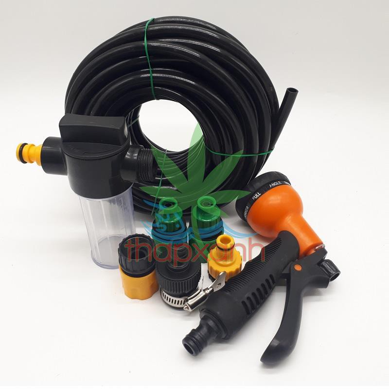 Bộ vòi xịt nước tưới cây, Rửa xe BTN-7202, Vòi 8 in 1 kèm bình xà phòng + 15m dây