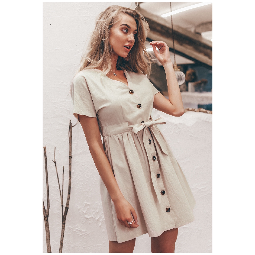 fashion women slim plain button v neck belt short sleeve summer street dress