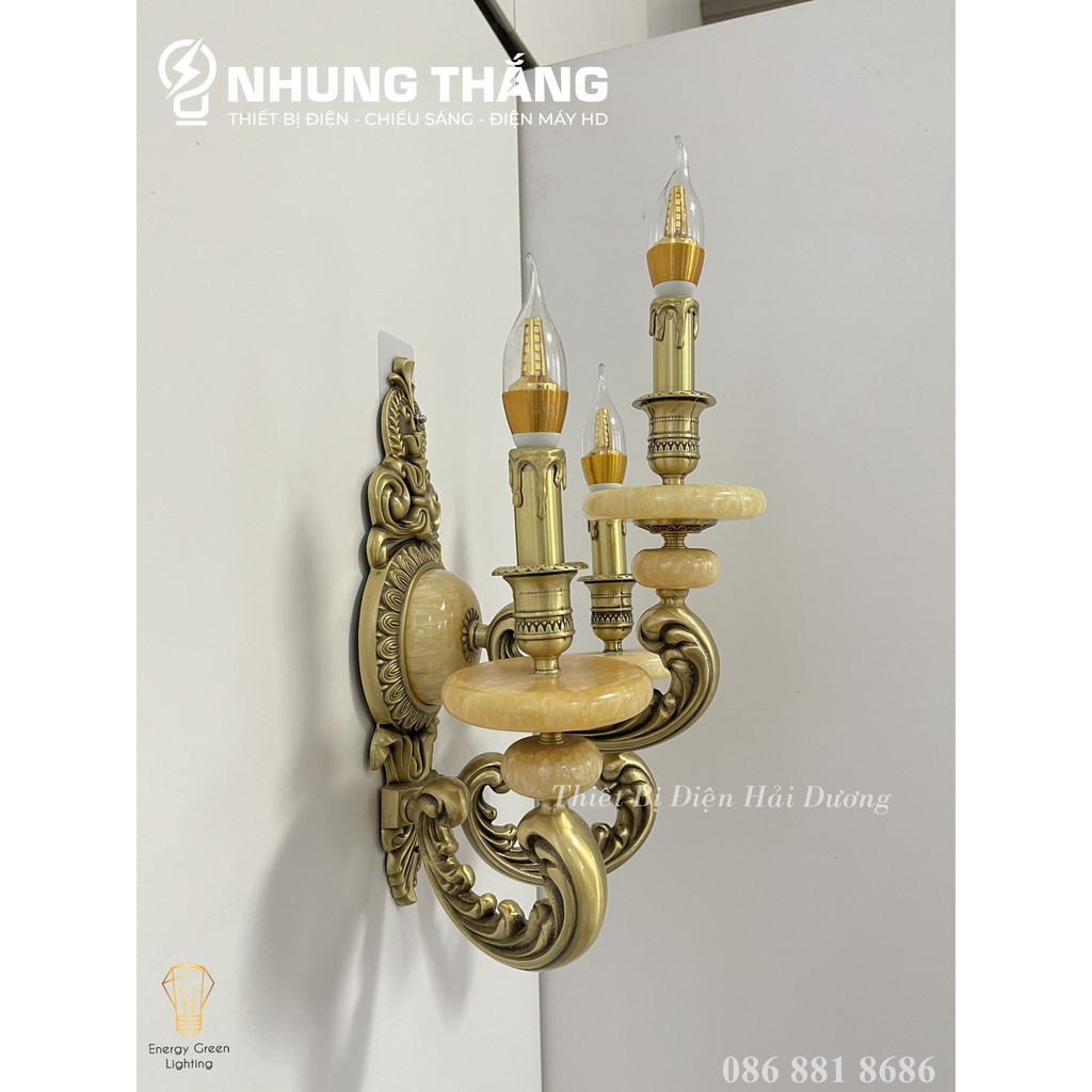 Đèn Tường Nến Đồng Đá Cổ Điển Cao Cấp 8852-3 - Đèn Trang Trí Phòng Khách,Phòng Thờ - Tặng Kèm 3 Bóng Led - Bảo Hành 1Năm