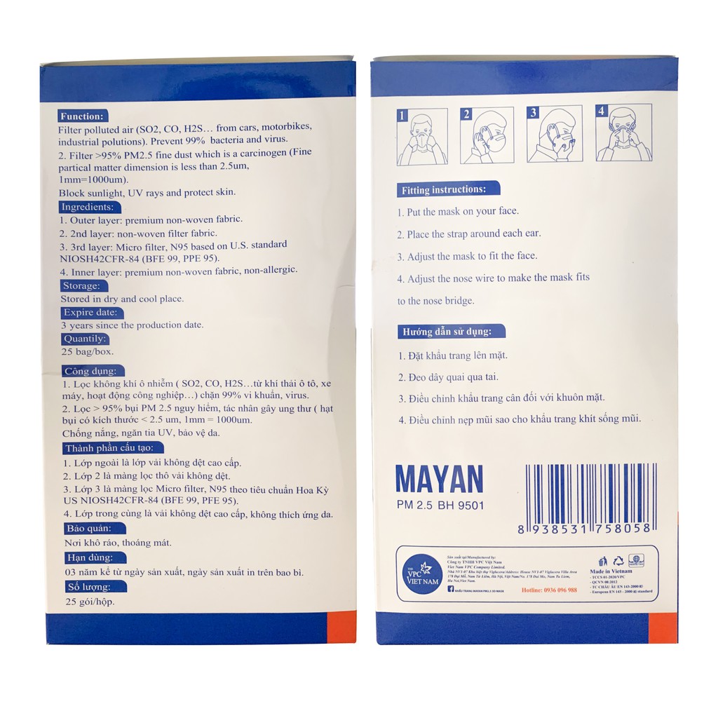 Gói 2 Miếng Khẩu Trang Mayan N95 PM2.5 BH9501 Ngăn Vi Khuẩn 99%, Lọc Bụi 95%