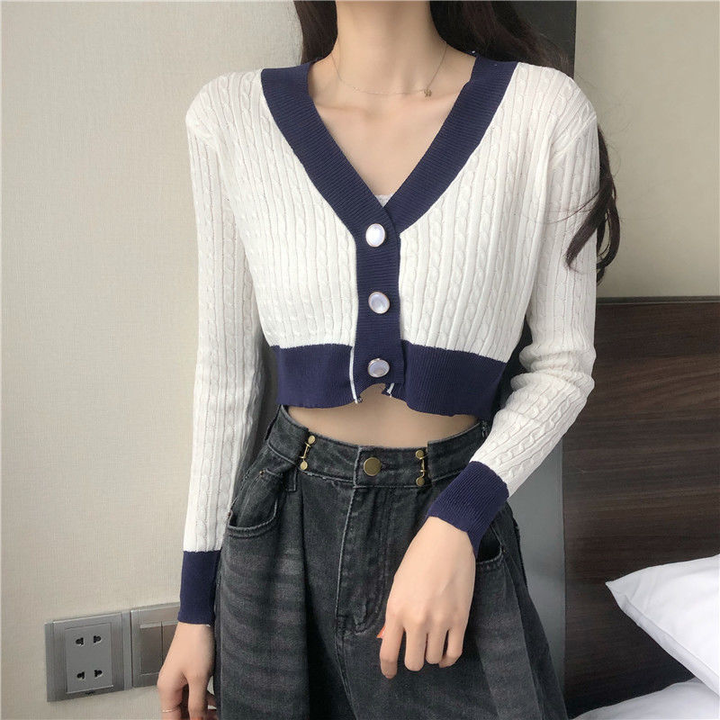 Áo Cardigan Dệt Kim Tay Dài Cổ Chữ V Màu Tương Phản Hợp Thời Trang Cho Nữ