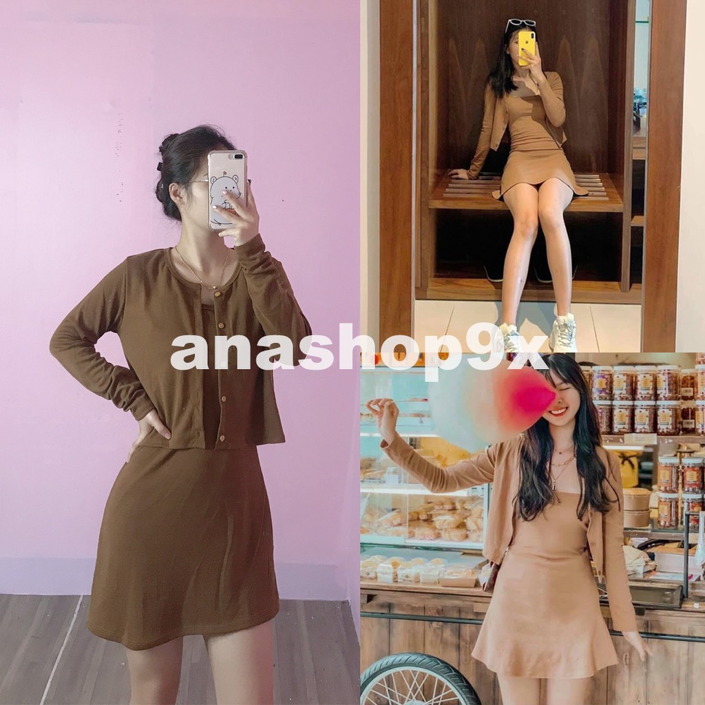 Áo cadigan dài tay chất len tăm mix váy hai dây dáng suông ulzzang anashop9x