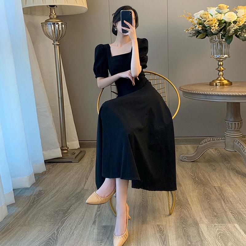 Black one-piece dress Hepburn Slim Slim Classic French Square Collar New 2021 Summer Women