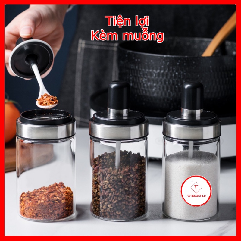 Hũ đựng gia vị thuỷ tinh lọ gia vị kèm thìa trong suốt có nắp đậy màu đen ngăn bụi bẩn côn trùng có thể tháo rời vệ sinh