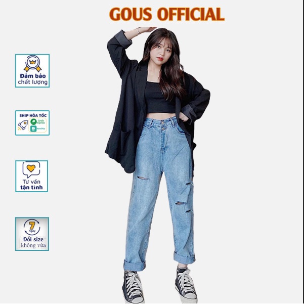 Quần Jean Nữ Baggy Cạp Cao Jeans Xanh Rách Gối Lưng Chun Phong Cách Cá Tính Năng Động Chất Liệu Denim Dày Dặn PLO 2207