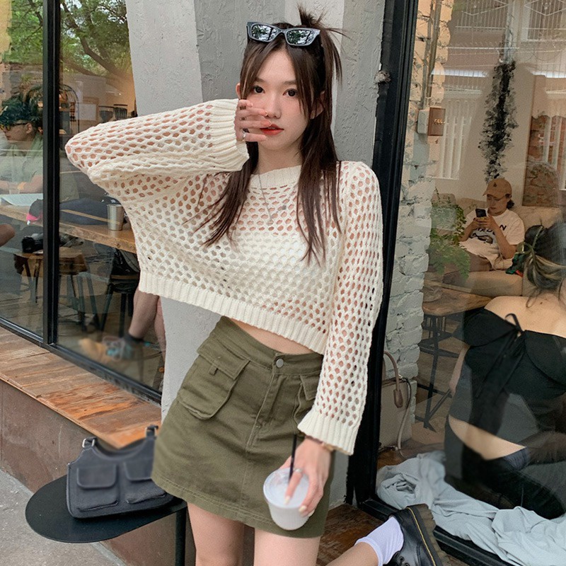 Áo Sơ Mi Tay Dài Cổ Tròn Màu Trơn Phối Lưới Thời Trang Hàn Quốc Cho Nữ