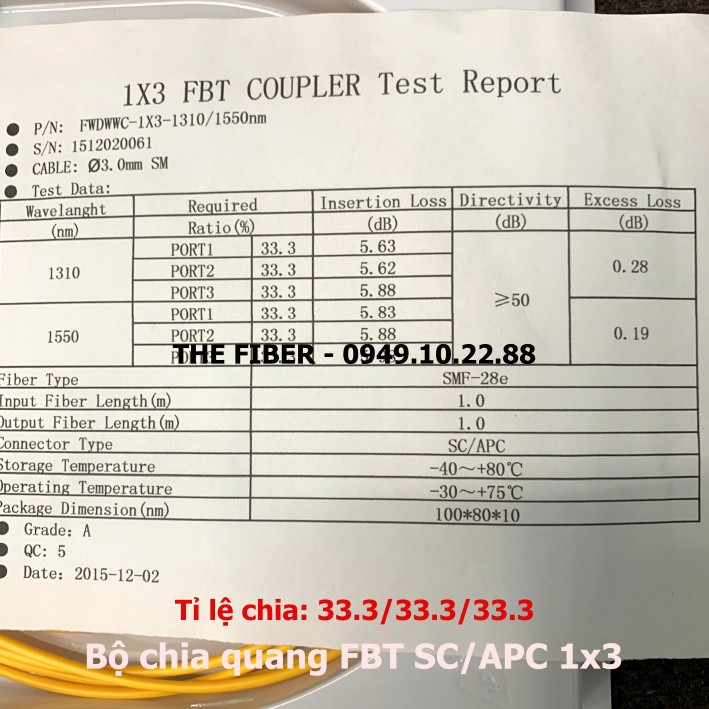 Bộ chia quang FBT 1x3 SC/APC tỉ lệ 33.3/33.3/33.3% dài 1M, phi 3.0mm