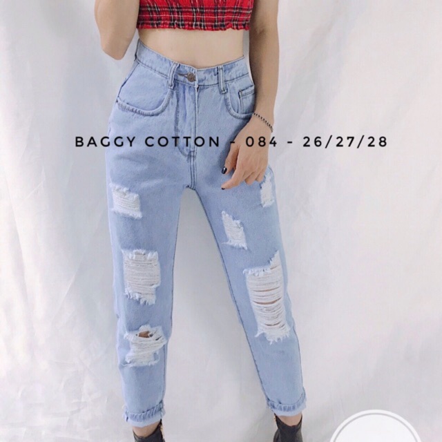[Size 55-62kg] Quần Baggy Rách Xanh Đá, Lưng Cao, Không Giãn